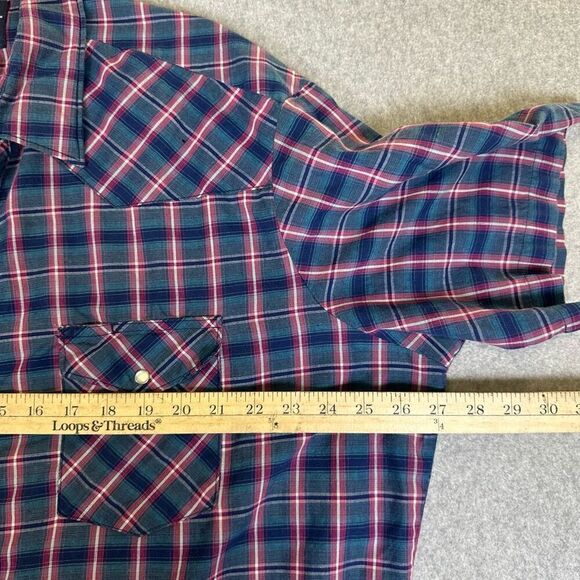 Wrangler Western Mens 2XT Pearl Snap Front Shirt Blue Red Plaid Short Sleeve - Picture 5 of 7